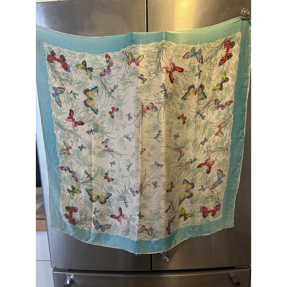 Pastel Butterfly And Dragonfly Scarf Turquoise Border Shear Spring Wrap Hair Bag